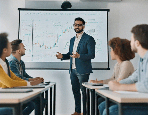 A professional mentor explaining trading strategies to a group of attentive students in a modern classroom