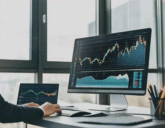 A person intently analyzing financial charts on a computer screen in a modern office, emphasizing urgency in trading decisions