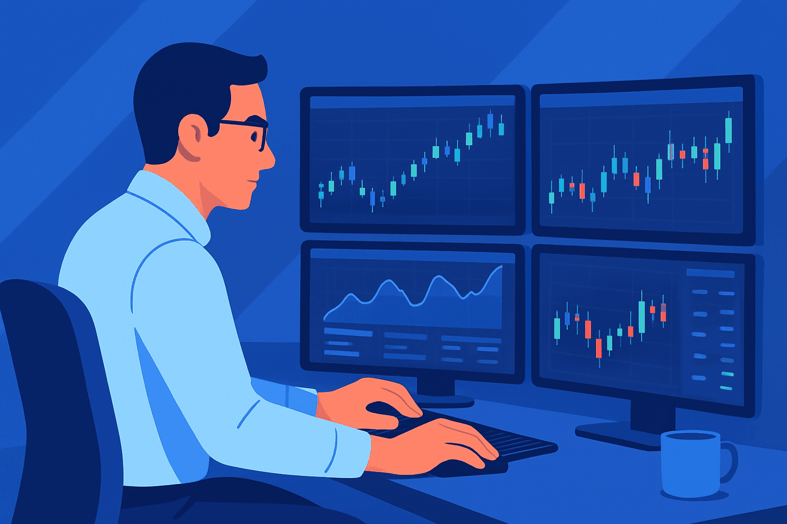A confident trader analyzing financial charts on a computer screen in a bright, modern office